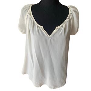 Charming Charlie WHITE Sheer Top Blouse SMALL Gold Splotches V Neck